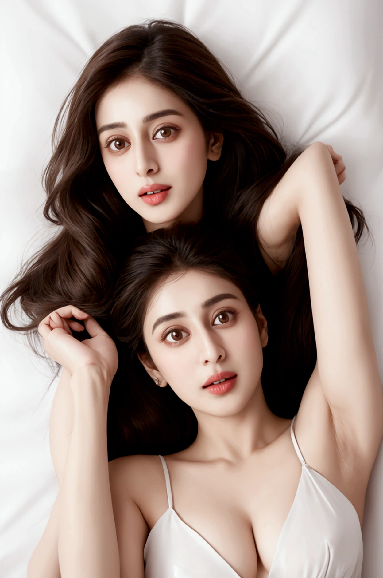 half body realistic portrait of 20 years old top-less Russian Adult model 60%Karishma_Kapoor+10%Tulip Joshi+10%Genelia D'Souza+10%Ileana D'Cruz+10%Manisha Koirala in transparent se through sari on wet bare body, Forehead eyes are similar to Karishma Kapoor, Her 60% 0f Face and eyes inherited from Karishma Kapoor, while her chicks sparkle with the intense brown hue of Genelia D'Souza, charming and infectious, and her lips of Tulip Joshi, The model's cheekbones are high and pronounced, bearing a resemblance to Karishma Kapoor and her hair is lush and dark like Manisha Koirala's signature look and hairstyle, undressed bride lying on bed