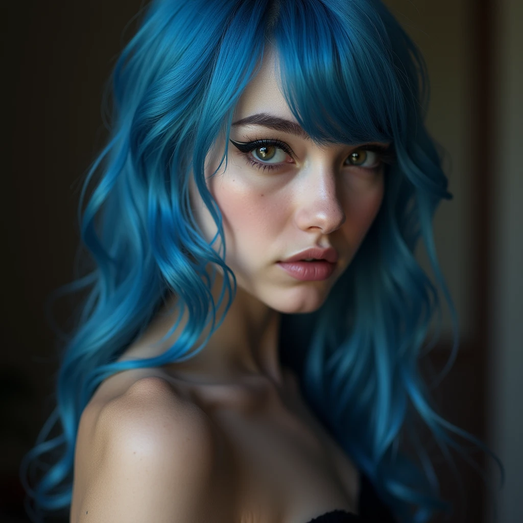 Full lenght, blue hair, narrow face, grey eyes, girl, 18 years old, slim figure, almond-shaped eyes, button nose, full lips, european appearance, ultra highly intricate detailed, black eyeliner, over knee stockings, looking at the camera, professional photography, ultra sharp focus, very beautiful, naked