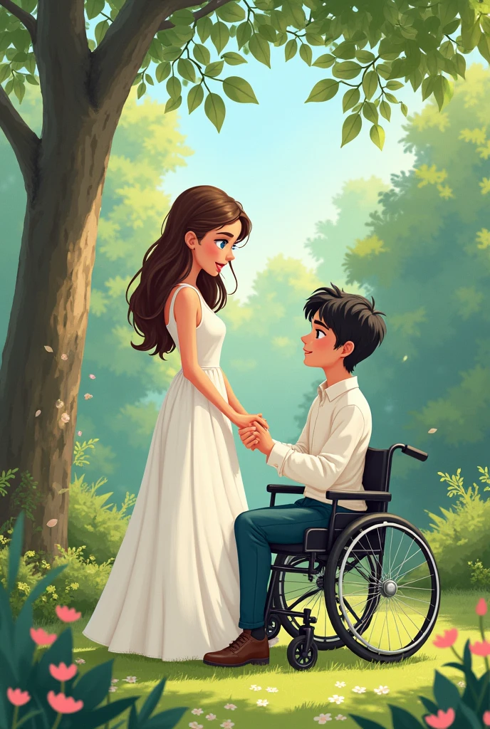 Une photo d'une jeune femme, brune et yeux bleux , en robe blanche et un jeune homme avec des cheveux noirs et des yeux bleu, en fauteuil roulant qui se tiennent la mains et se regardent sur un petit jardin comme si c'était le paradis version un peu 2d