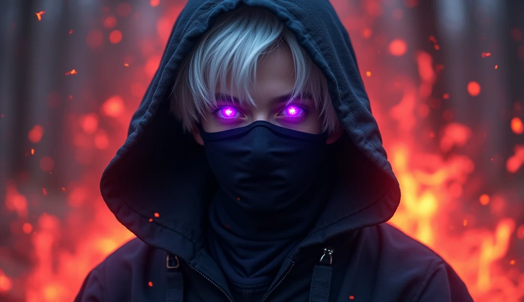 Young dark lord, a teenager boy with white hair and purple eyes, Dark wizard, A boy wearing a black cloak. A mask that covers the face. dark wizard, fire aura