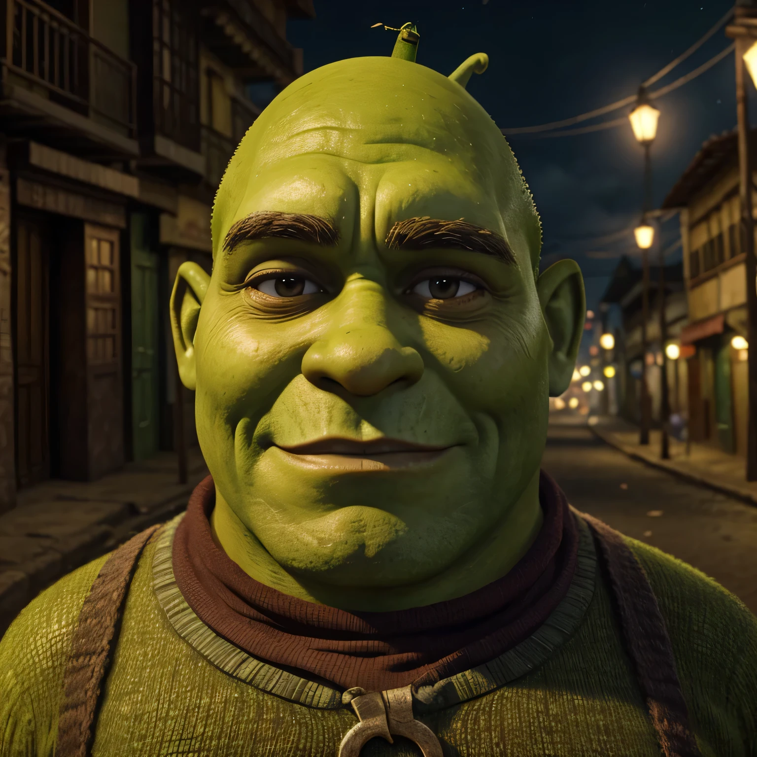 Create the Disney character Shrek, who is very thin and has health problems. VERY SICK Despite his frail appearance, his gaze conveys love and compassion, set in a chaotic and lonely street in Brazil.