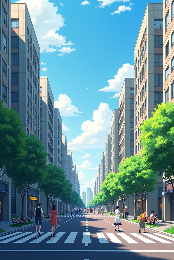 tokio-esque town Tall buildings are lined up Many people々is crossing the street There are some benches on the sidewalk sunny