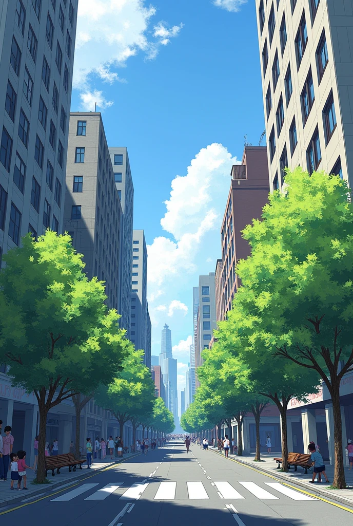 tokio-esque town Tall buildings are lined up Many people々is crossing the street There are some benches on the sidewalk sunny