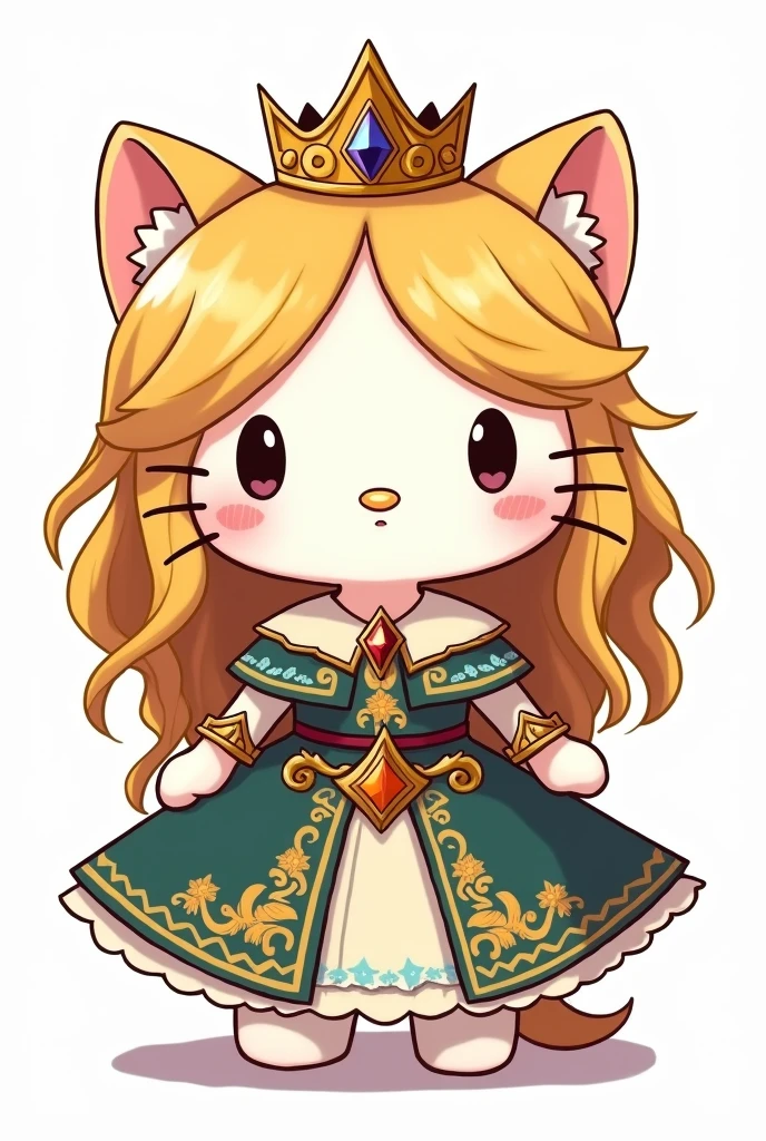 

Make a normal drawing of Hello Kitty just like in the cartoon on a white background but with Princess Zelda's hair and crown and her dress.