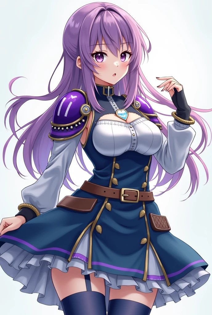 Long hair, purple hair, big breast, blackberry eyes, anime style, dress celeste, mature, straight hair, fringe, no lipstick , low ponytail , long skirt celeste, legwear blue marine, arm wear blue marine, no change in color of dress, necklace heart, shoulder armor purple with, light symbol white in shoulder armor, hairy belt blue, strap brown, sleeveless, tank top, covered breast, sleeveless blouse Celeste, covered pect, short vest blue, arm armor, knee pads