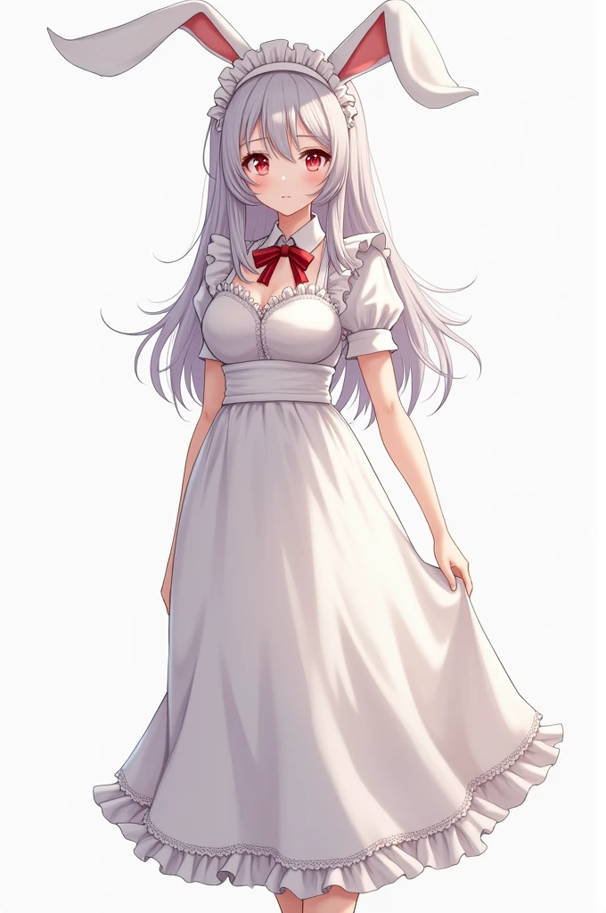 1girl,solo,(big breast,rabbit ears), bunny girl, hairs between eyes, long sideburns, red eyes, long hair, silver hair, , young, red ribbon on chest, BREAK White maid outfit, maid headband, puff sleeves, short sleeves, long skirt, frills,