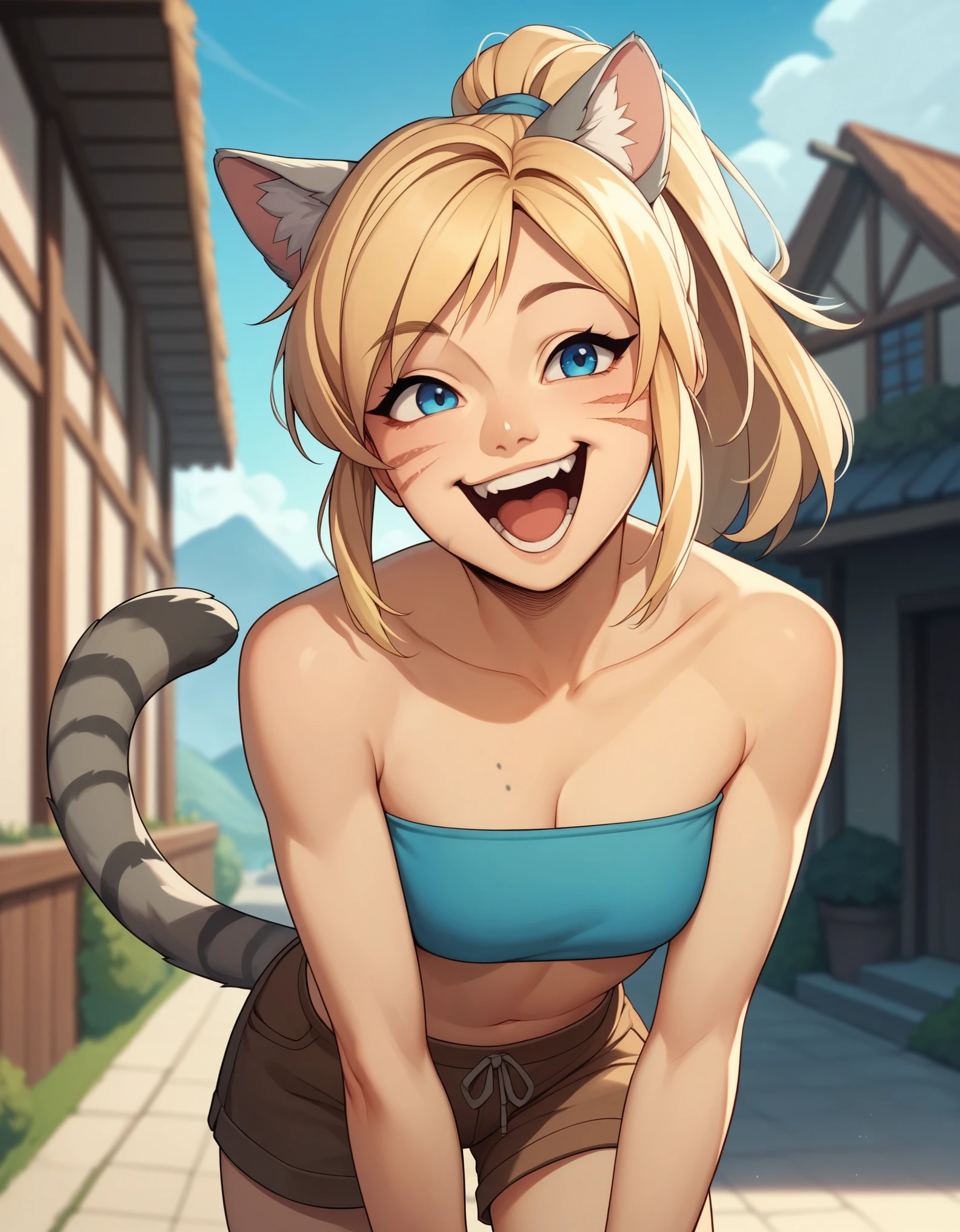 Solo, score_9,score_8_up,score_7_up, score_6_up, score_5_up,source_anime, human, Kat, blue eyes, black whisker marks on face, grey cat ears, blonde hair, hair in ponytail, wearing blue bandeau, brown shorts, laughing, big smile, mouth open, on a mountain pass trail, standing, in a village, hands to her face