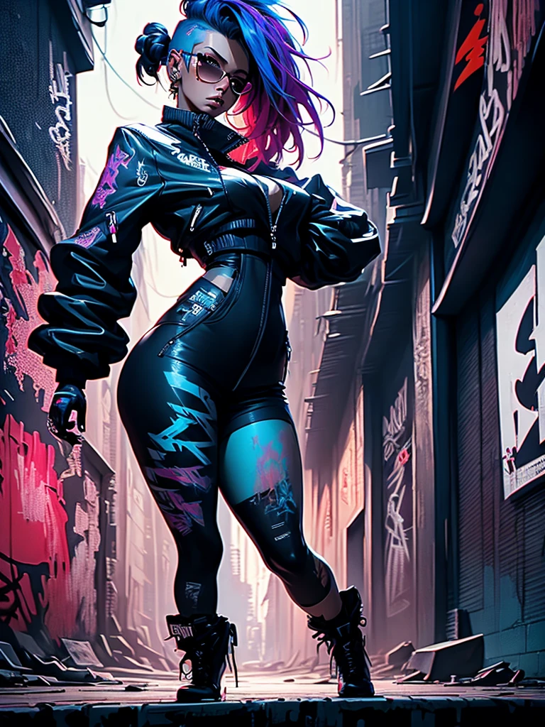 close up, full color painting of  standing cyberpunk girl, sunglasses, high heel shoes, perfect hourglass figure, perfect huge tits, (((Graffiti art) (by Carne Griffiths))), red wall background, insane details, intricate details, hyperdetailed, low contrast, soft cinematic light, dim colors, exposure blend, hdr, front, (neon light:1.4), upper body, detailed skin, detailed eyes, realistic eyes, 20 megapixel, canon eos r3, detailed skin, detailed face, (TungstenDispo:1.2), raw photo, portrait of a business woman, (style by Flora Borsi), bold, bright colours, blue Mohawk haircut, ((Flora Borsi)), dslr, dramatic lighting, high quality, film grain, Fujifilm XT3, (strong backlight:1.1), analog style (liminal space), by Syd Mead, by Andr Kertsz, by Tadao Ando