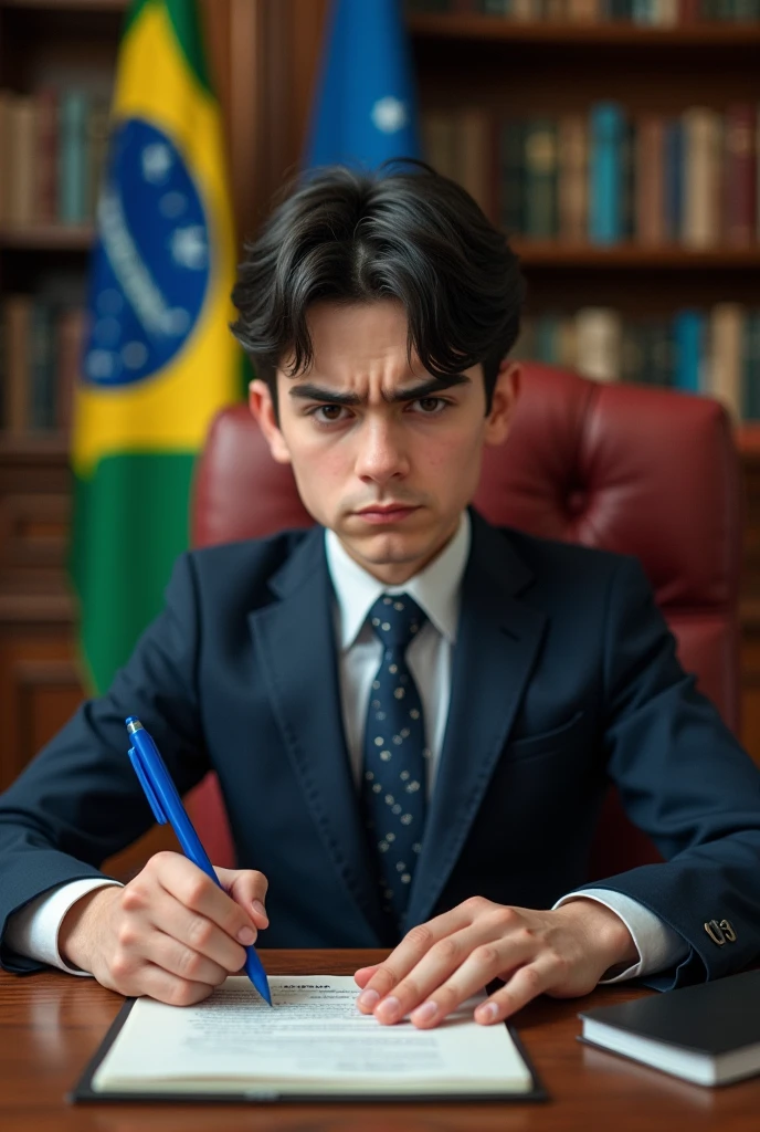 ((best quality)), ((masterpiece)), (detailed), perfect face, man, short black hair, white skin, , as president of Brazil, Sitting in the presidential chair, signing laws with a blue pen, This law will recover all state-owned companies that were privatized, your face is serious and a little angry, the Brazilian flag is in the background