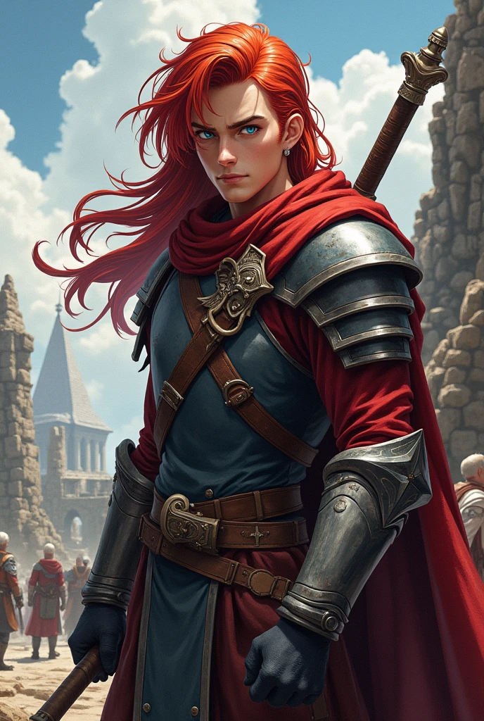 Young man with long red hair, clear blue eyes, athletic build, Medieval warrior, realistic anime style