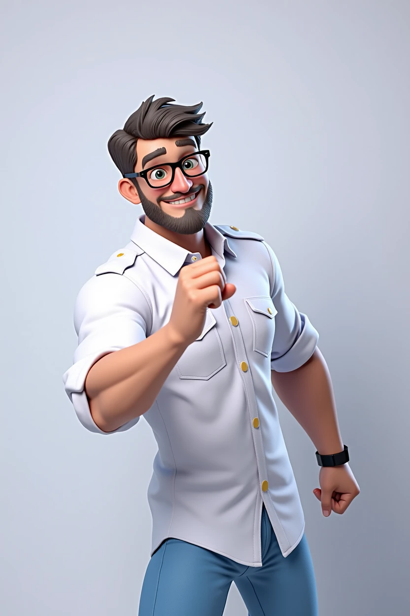 Cartoon character of a man in black glasses and blue shirt, an animated character, stylized character, animation style rendering, 3d stylized, Arnold Maya rendering, Stylized 3D rendering, toon render screenshot, 3d character, 3d character, Stylized 3D rendering, 3D character rendering, cartoon character, Personagem de close up, character posing, (Pixar-style) (master part:1.2) (bokeh) (best qualityer) (skin detailed) (detailed texture) (8k) (Argilla) (cinematic lighting) (sharp focus，Sit down and lift your upper body