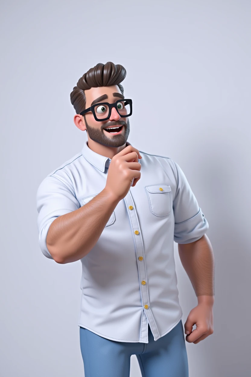 Cartoon character of a man in black glasses and blue shirt, an animated character, stylized character, animation style rendering, 3d stylized, Arnold Maya rendering, Stylized 3D rendering, toon render screenshot, 3d character, 3d character, Stylized 3D rendering, 3D character rendering, cartoon character, Personagem de close up, character posing, (Pixar-style) (master part:1.2) (bokeh) (best qualityer) (skin detailed) (detailed texture) (8k) (Argilla) (cinematic lighting) (sharp focus,Sit down and lift your upper body