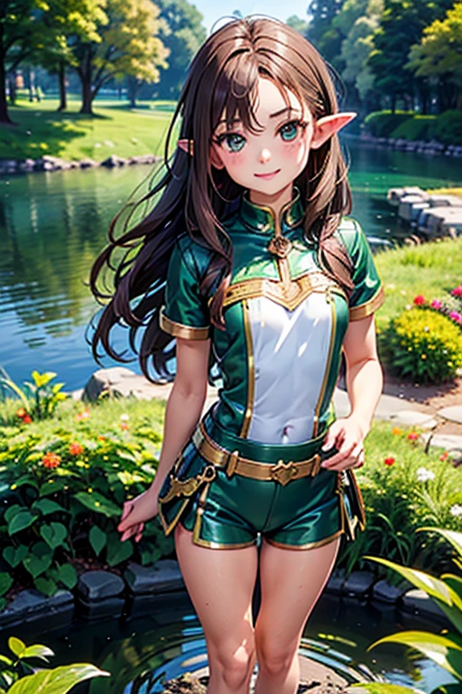 ((Highest quality)), ((masterpiece)), (detailed), 1. ，Young ，10 years old，Very short stature，Small Ass，Thin thighs，Fairy，Brown Hair, Wavy Hair，Shiny Hair，Forehead protector，Pointed Ears，knight，Green clothes，Silver Chainmail，At the forest pond，