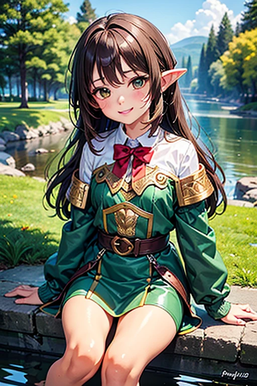 ((Highest quality)), ((masterpiece)), (detailed), 1. ，Young ，10 years old，Very short stature，Small Ass，Thin thighs，Fairy，Brown Hair, Wavy Hair，Shiny Hair，Forehead protector，Pointed Ears，knight，Green clothes，Silver Chainmail，At the forest pond，