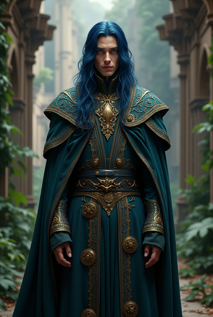 A man with dark blue hair and golden eyes, dressed in a medieval noble outfit.