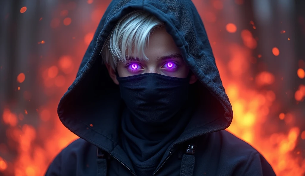 Young dark lord, a boy with white hair and purple eyes, Dark wizard, A boy wearing a black cloak. A mask that covers the face. dark wizard, fire aura, medieval dark clothes