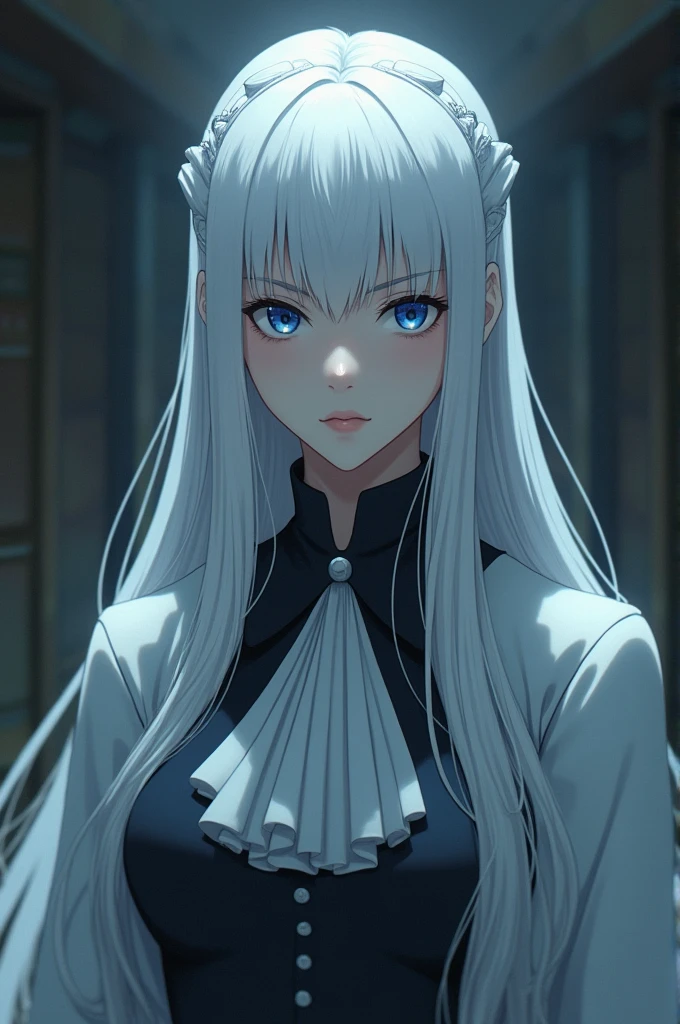 Beautiful woman with straight white hair with a capul, blue eyes and an expressionless face and wearing the Boku no hero UA anime style uniform