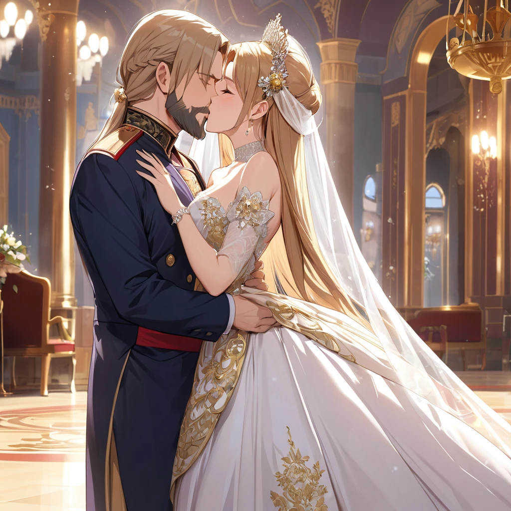 ((Highest quality)), ((masterpiece)), (detailed), (Perfect Face)、The woman is Yuuki Asuna, a Russian with light brown, medium-long hair, an elegant, graceful and beautiful Russian noblewoman, and the Empress of the Great Russian Empire.、The woman is beautifully dressed in a gorgeous Russian court dress, mainly in a glittering gold wedding dress, a wedding veil, and luxurious accessories, and is wearing a beautiful and luxurious kokoshnik.、The woman is standing next to a great, dignified, bearded old Russian emperor at a grand wedding.、The woman is embraced by the great Russian emperor in a luxurious palace, they fall in love, kiss each other, and get married.、The woman is embracing the great old Russian emperor, kissing him, making love to him, and looking happy and close to him, the elderly emperor and the beautiful young empress.
