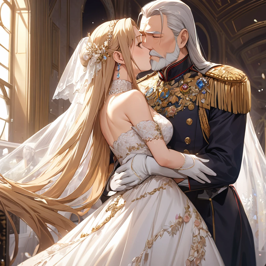 ((Highest quality)), ((masterpiece)), (detailed), （Perfect Face）、The woman is Yuuki Asuna, a Russian with light brown, medium-long hair, an elegant, graceful and beautiful Russian noblewoman, and the Empress of the Great Russian Empire.、The woman is beautifully dressed in a gorgeous Russian court dress, mainly in a glittering gold wedding dress, a wedding veil, and luxurious accessories, and is wearing a beautiful and luxurious kokoshnik.、The woman is standing next to a great, dignified, bearded old Russian emperor at a grand wedding.、The woman is embraced by the great Russian emperor in a luxurious palace, they fall in love, kiss each other, and get married.、The woman is embracing the great old Russian emperor, kissing him, making love to him, and looking happy and close to him, the elderly emperor and the beautiful young empress.