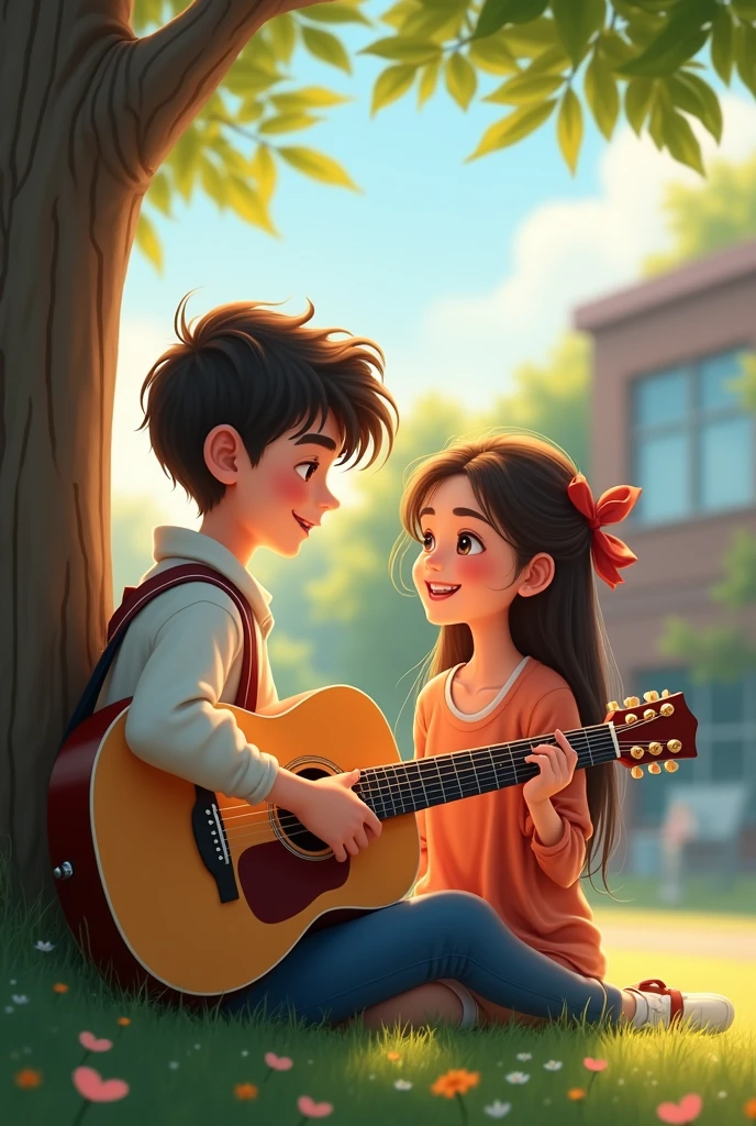 Boy playing guitar for girlfriend at school