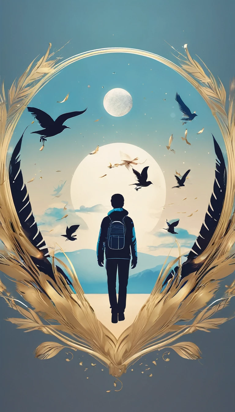 Create a professional, fantastic, cinematic dream-like logo design for a brand about music, stories, fantasy, memories and dreams called " Penamemoria". Masterpiece, 4k, sharp focus, highest quality,wide shot. The title is " Penamemoria". Is a brand about the creative, unique creative journey of a boy and a feather of memories. Minimalistic, simple, poetic, dreamy logo design at the center of the image. The Background image is a world full of feathers, unique birds, light blue sky, soft white and golden. Logo design of a unique, creative, masterpiece feather of memories and a boy guitarrist. Make the logo minimalistic and impressive, unique, dreamy, fantastic. Must convey a feeling of cinematic storytelling, stories, dreams and music.
