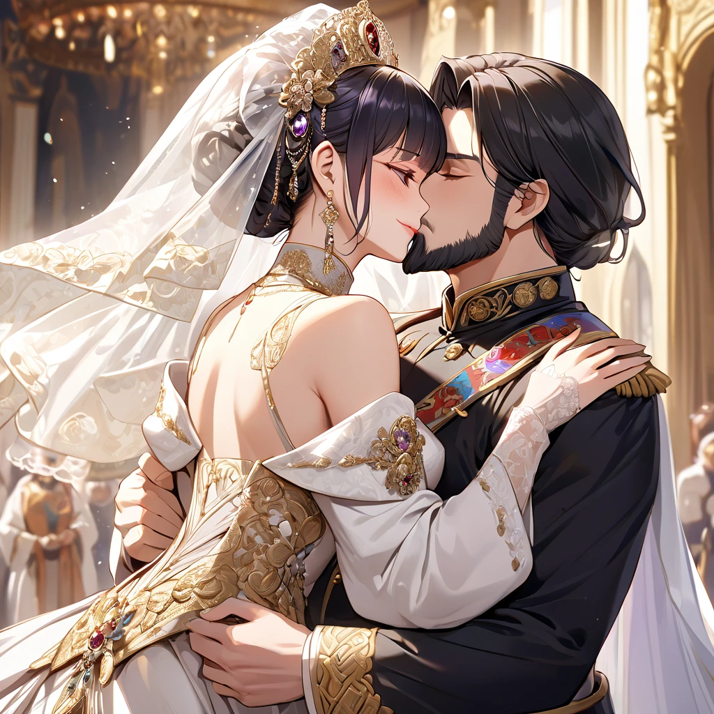 "Yaoi Wedding, Elegant and romantic, Breathtakingly beautiful, Exquisite detail, Great lighting, Tender affection, Dreamy atmosphere, Emotional and heartfelt, Captivating Expressions, Complicated costumes, Passionate embrace, fascinating background, Symbolic gestures, Two boys