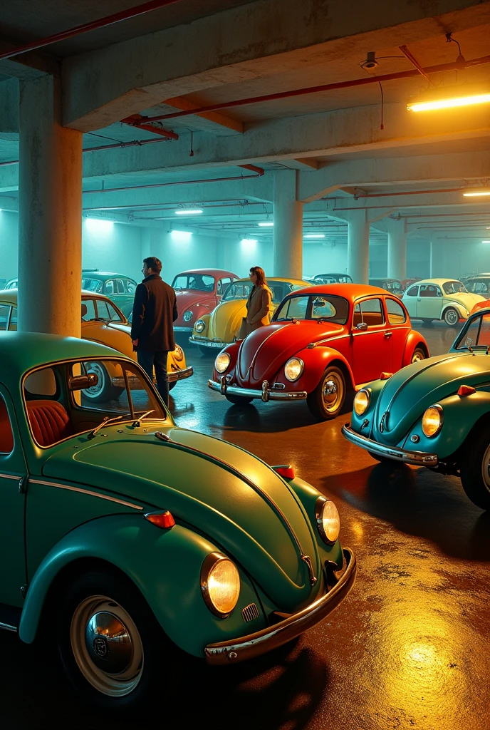 Volkswagen of different colors in underground parking lot man and women yellow lights