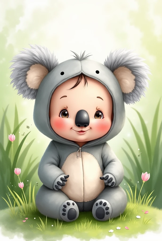 Water color 2d cute masculine baby dressed as a grey koala without tail. Green scenery
