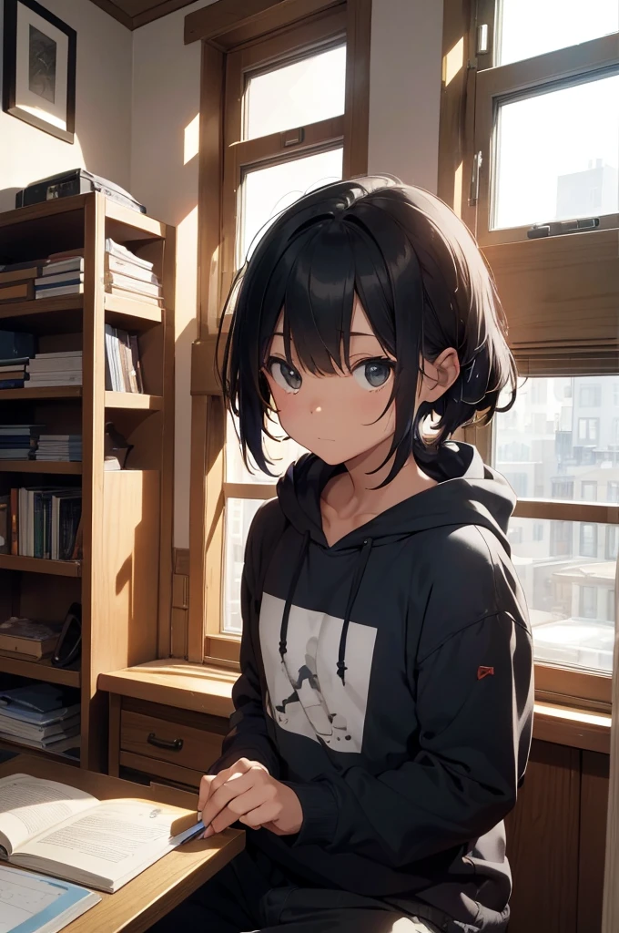 A nighttime scene in a cozy room, with a cityscape visible through the large window in the background. The room is softly lit by a warm, vintage-style desk lamp that casts a gentle glow over a young boy. The boy is seated at a wooden desk, deeply engrossed in studying a book. He wears a dark blue hoodie with the hood down, over a light gray t-shirt, and a pair of black headphones with a subtle, modern design, labeled "Lofi". His hair is short and slightly messy, giving him a casual appearance. His expression shows focus and determination as he rests his chin on one hand, flipping through the pages of the book with the other. On the desk, there are various items scattered around: a pot with a healthy green plant, a collection of pencils and pens in a striped red and black holder, and a pair of green scissors lying next to an open notebook. A laptop is open on the desk, showing a paused video. A stack of books sits nearby, slightly leaning against the plant pot. In the background, a large, orange tabby cat is curled up, sleeping peacefully on the windowsill, partially obscured by the plant. The room's walls are adorned with small, framed pictures and a calendar, adding to the personal and lived-in feel of the space. A bookshelf on the right side is filled with books, a few small decorations, and a soft, plush toy sitting on top. The overall ambiance is one of quiet concentration and comfort, with a subtle sense of the boy's personality expressed through the details of the room.