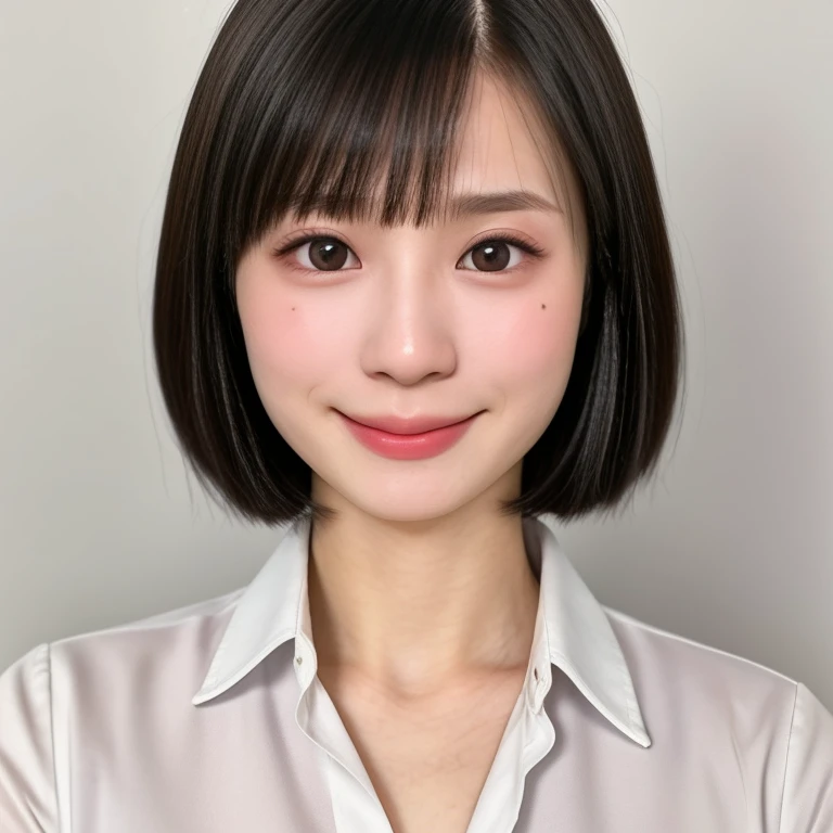 (kawaii 24 year-old Japanese girl, Nogizaka idol, Korean idol), healthy female athlete body, (glossy black hair, short hair, pixie cut, bangs:1.3), (rounded face, pure black eyes, single eyelid, no makeup, splashing best smile:1.2), (collared white shirt unbuttoned:1.3), creavage, extra small breasts, plaid skirt, BREAK, (plain white background:1.3), (dynamic angle, bust shot:1.2), BREAK, (masterpiece, best quality, photo realistic, official art:1.4), (UHD, 8K quality wallpaper, high resolution, raw photo, golden ratio:1.3), (shiny skin), professional lighting, physically based rendering, award winning, (highly detailed skin, extremely detailed face and eyes), Carl Zeiss 85 mm F/1.4, depth of field, 1girl, solo,
