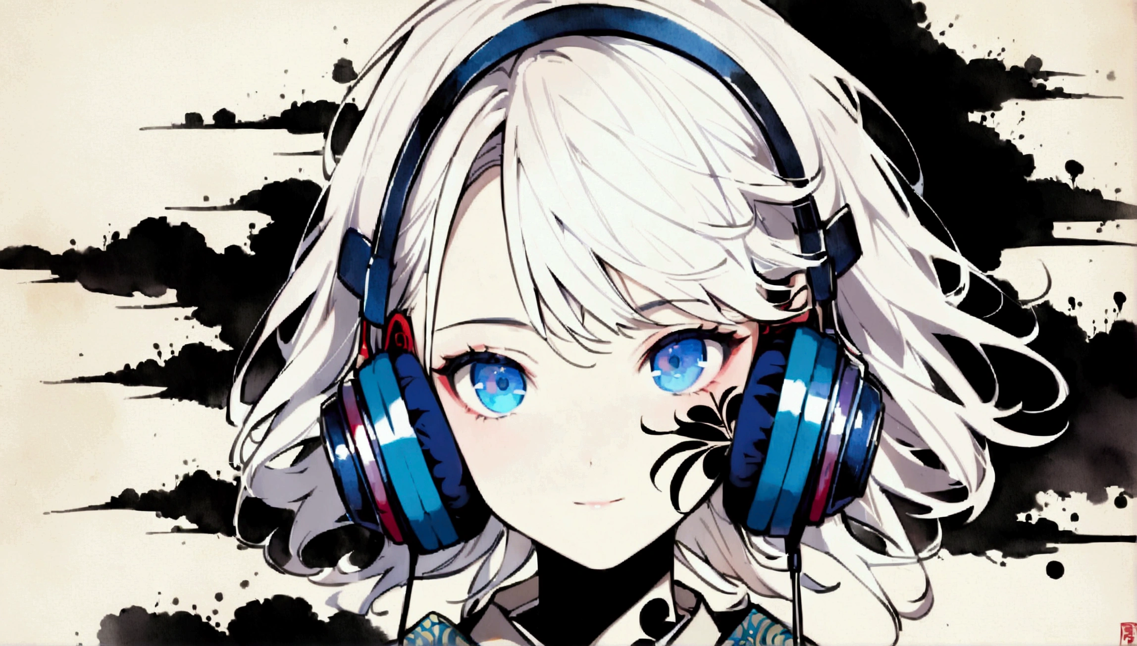 (((Ink Painting))), ((Japanese headphone style)), (((Japanese pattern tattoo on face))), (( a boy)) Face close-up, cute face, gorgeous hair accessory, blue eyes, white hair, Japanese, Bright colors