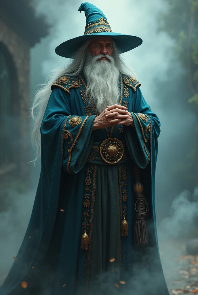Mystic wizard With a long white beard With a wizard's hat With smoke around him