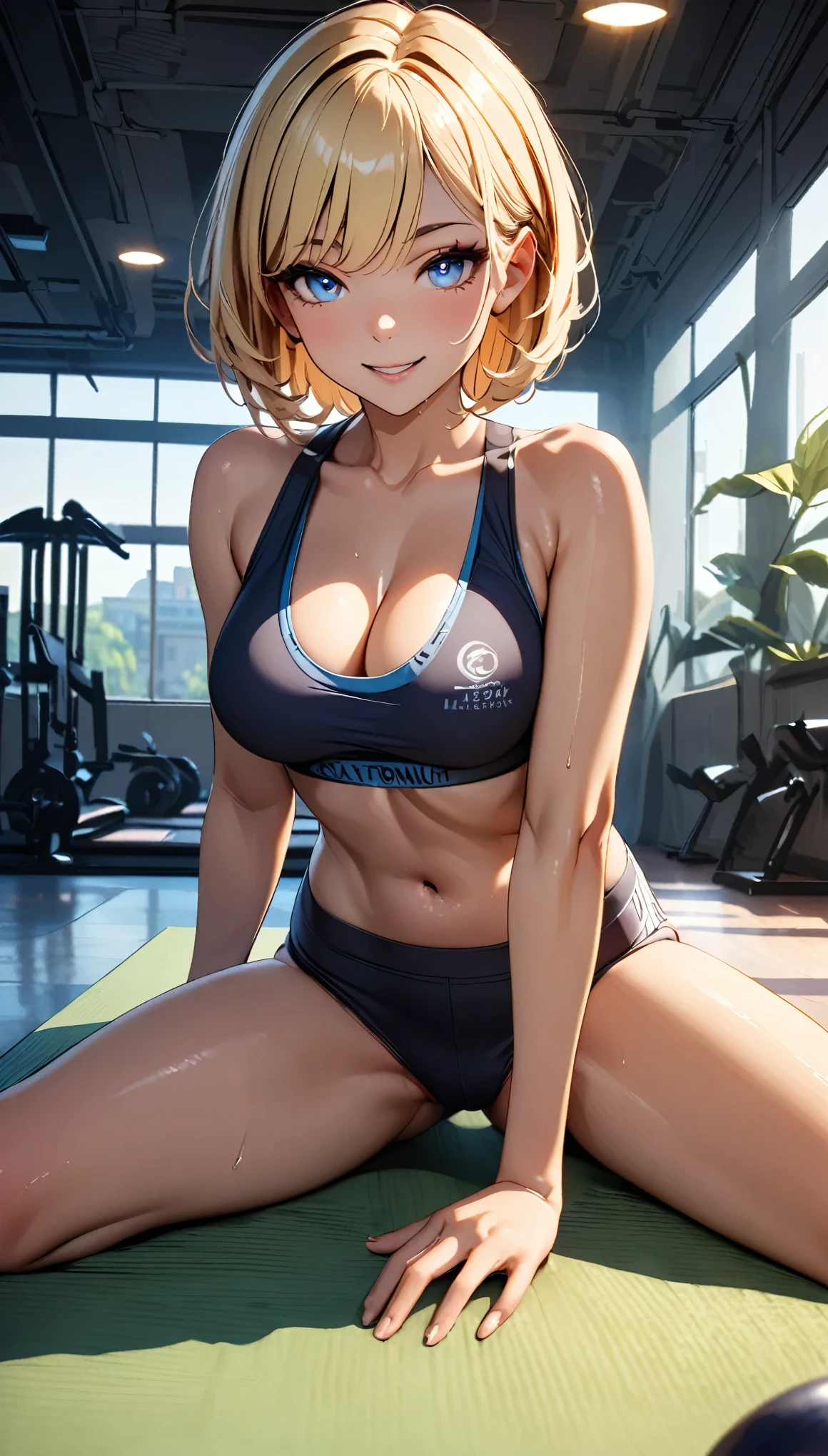 Sexy fitness instructor, 1 Female, Athletic Wear:1.2, Clean clothes, (Blonde, Berry Short Cut, Light blue eyes), smile:1.3, Beautiful eye color, Pose looking from above, View from below, Yoga Mat, Training Equipment, Sexy pose, Cinematic lighting, dramatic colors, Chiaroscuro, elegant, Elegant, Sensual beautiful detailed athletic woman, Training Room, Detailed room interior, Nasty, Alluring, (Highest quality:1.2, 4K, 8k, Very detailed, Attention to detail, masterpiece:1.2, Best aesthetics),