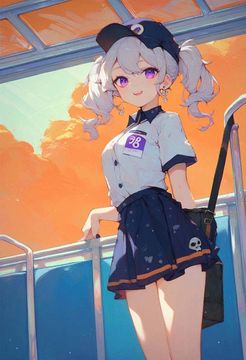 1girl, solo, white hair, purple eyes, twintails, employee uniform, mini skirt, skull print, navy cap, orange sky,, outdoors, train station, standing in front of bus,, 