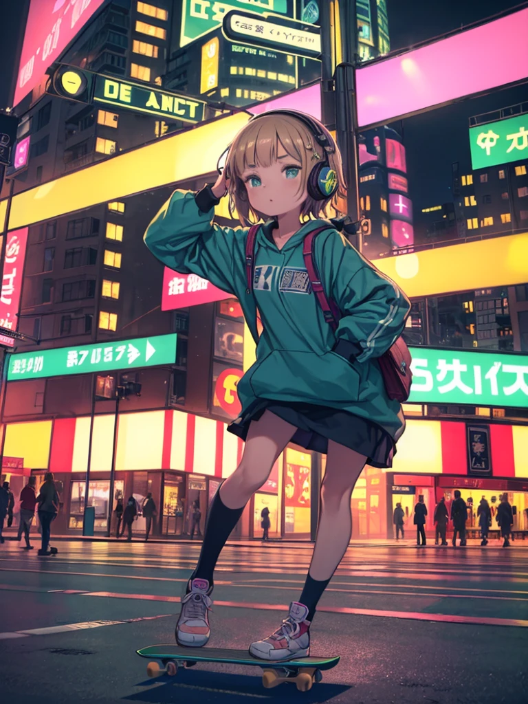 Highest quality, (masterpiece:1.2), Best Detail Face,A girl is walking, Small breasts, 18, 8k,Absurd,unity 8k wall paper,(Very detailed:1.3), The best real, (Retro headphones:1.1),(psychedelic:1.2),Retro townscape, One Girl, Retro art style, Neon Art Style_pop, public, outside of home, road signs, Loose-fitting clothing, 18,There are many signs with kanji written on them., ((Retrocity feeling)), Dark Green Palette, (((Playing with skateboarding)))