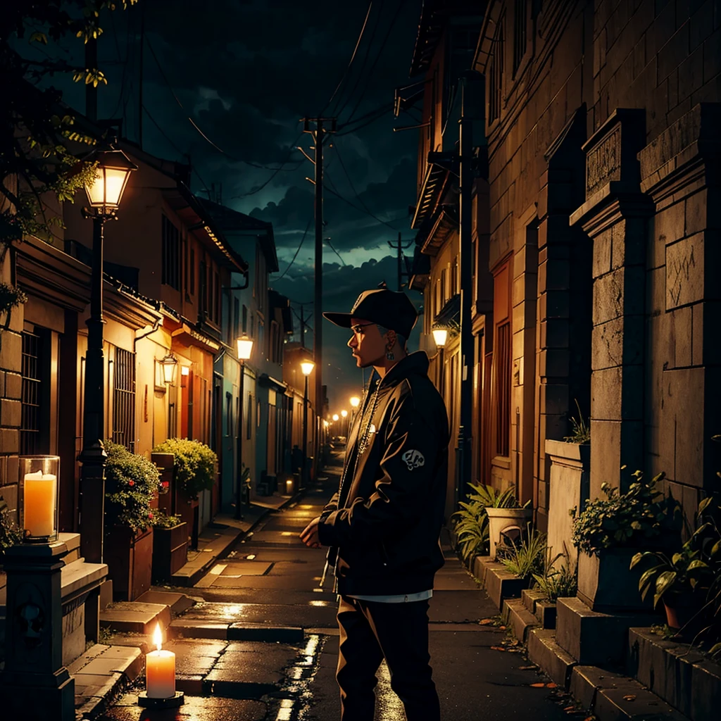 rapper latin, street, cemetery, street lights, skull, candle, storm