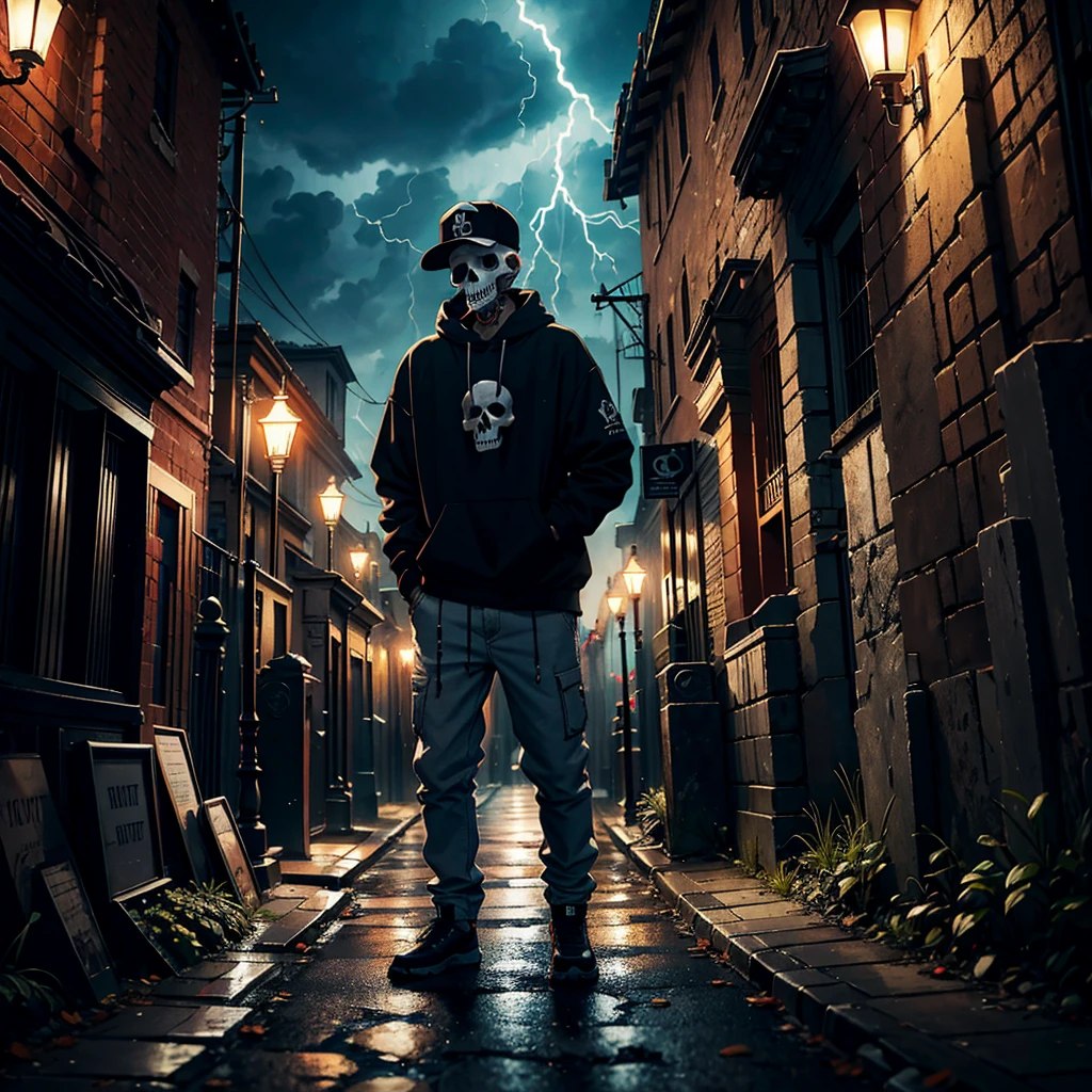 rapper latin, street, cemetery, street lights, skull, candle, storm