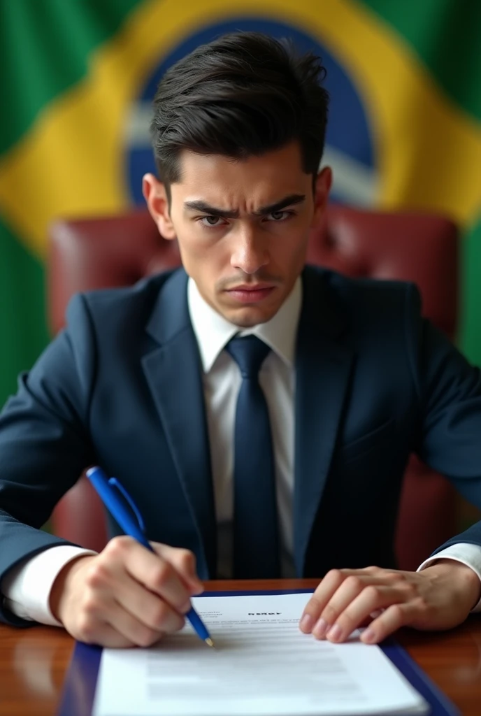 ((best quality)), ((masterpiece)), (detailed), perfect face, man, short black hair, white skin, 16 years old, as president of Brazil, Sitting in the presidential chair, signing laws with a blue pen, This law will recover all state-owned companies that were privatized, your face is serious and a little angry, the Brazilian flag is in the background