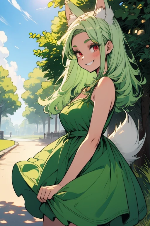 Perfect face. Perfect hands. A light green haired woman with red eyes with green fox ears and a green fox tail in a cute summer dress is smiling while posing in the park