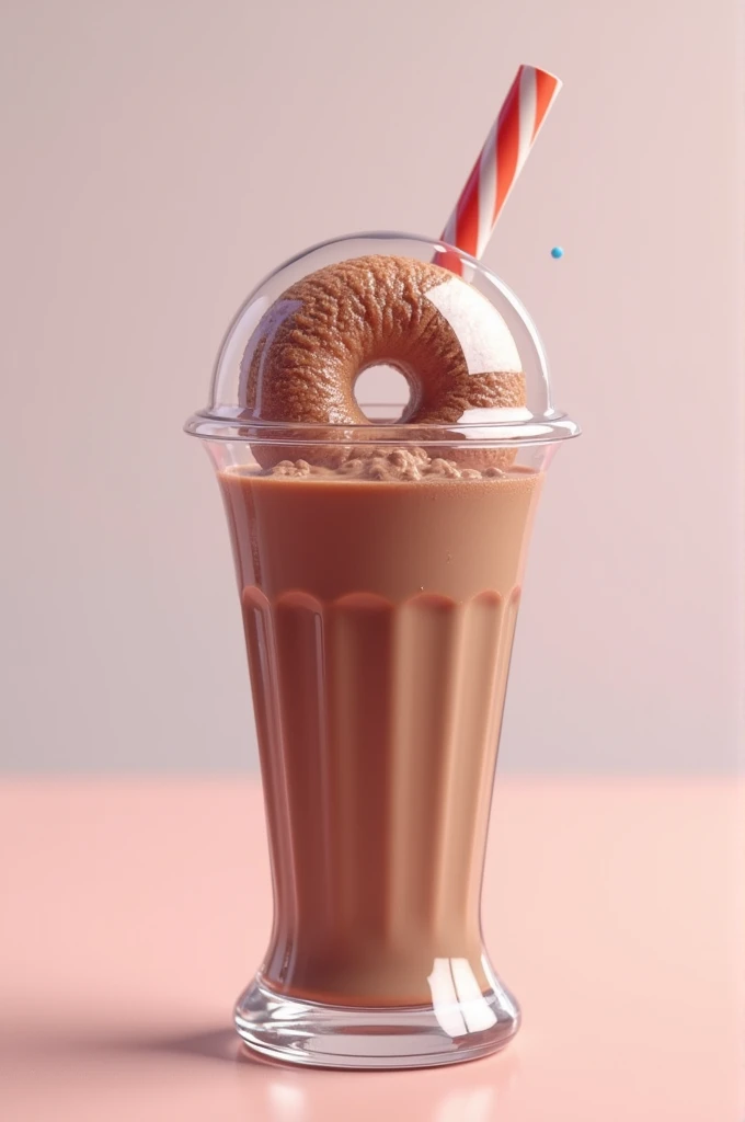 Plastic chocolate milkshake with a donut inside the straw