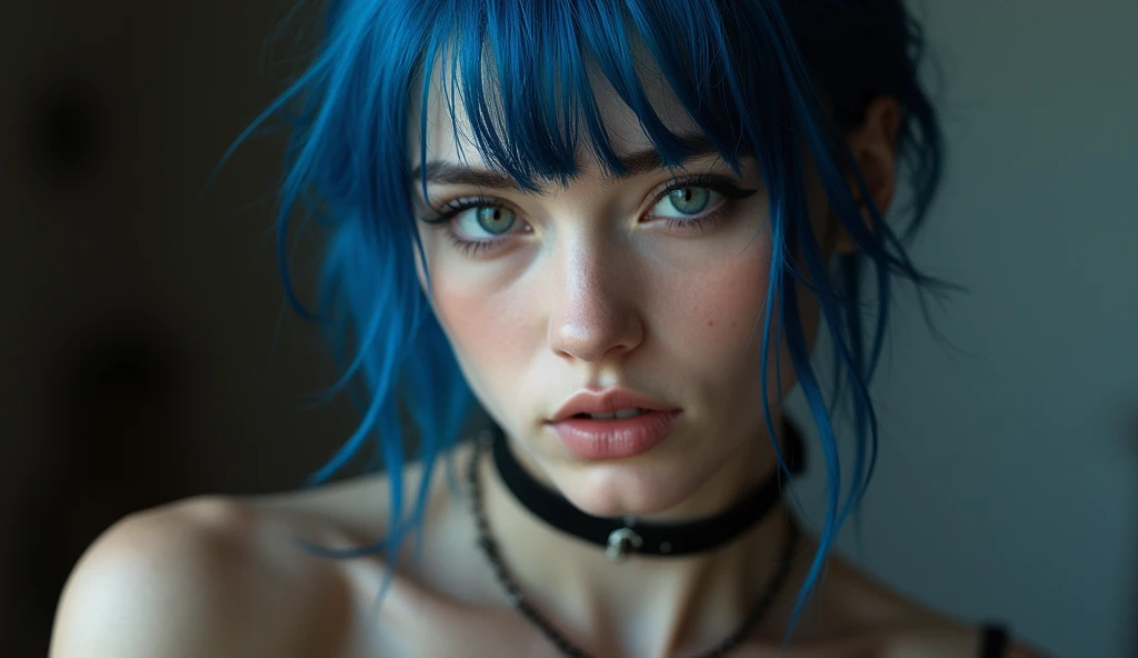 (complex parts: little Emma Watson "(character in realistic human style, woman has big Blue eyes and blue hair, solo 1 girl 18 years old, Naked, naked torso, blue hair, Cute, symmetrical face, covered nipples, firm breasts, ((slim build)), Young woman, beak made of pockmarked cat ears, white very short and thin crop top, (black short), I&#39;m looking at the viewer, panties, painшая грудь, Blue eyes, short hair, armor, very sexy)" flirts with the camera, vulgar, pain, scream, wet
