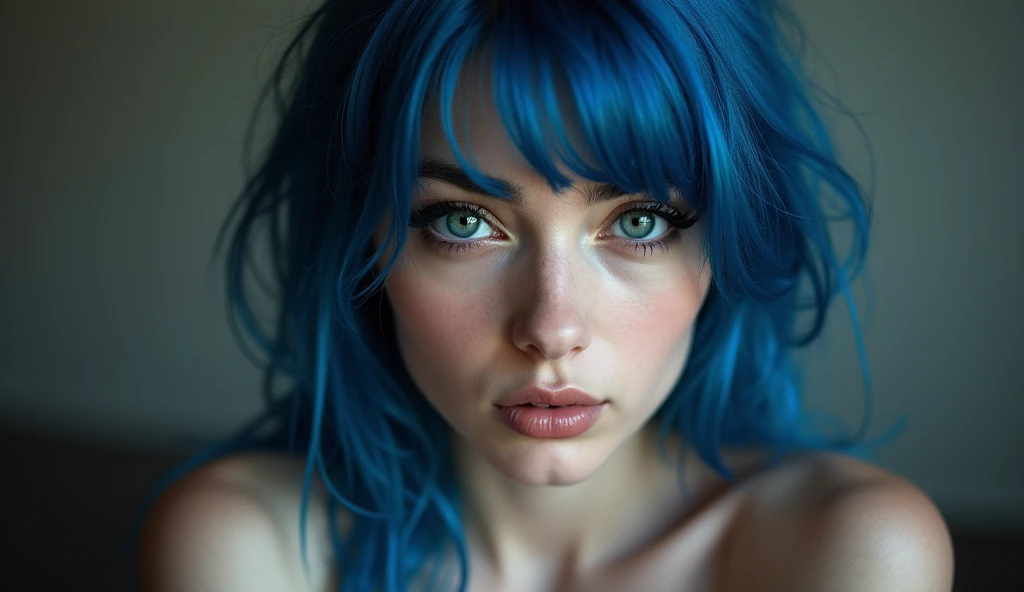 Full lenght, blue hair, narrow face, grey eyes, girl, 18 years old, slim figure, almond-shaped eyes, button nose, full lips, european appearance, ultra highly intricate detailed, black eyeliner, over knee stockings, looking at the camera, professional photography, ultra sharp focus, very beautiful, naked