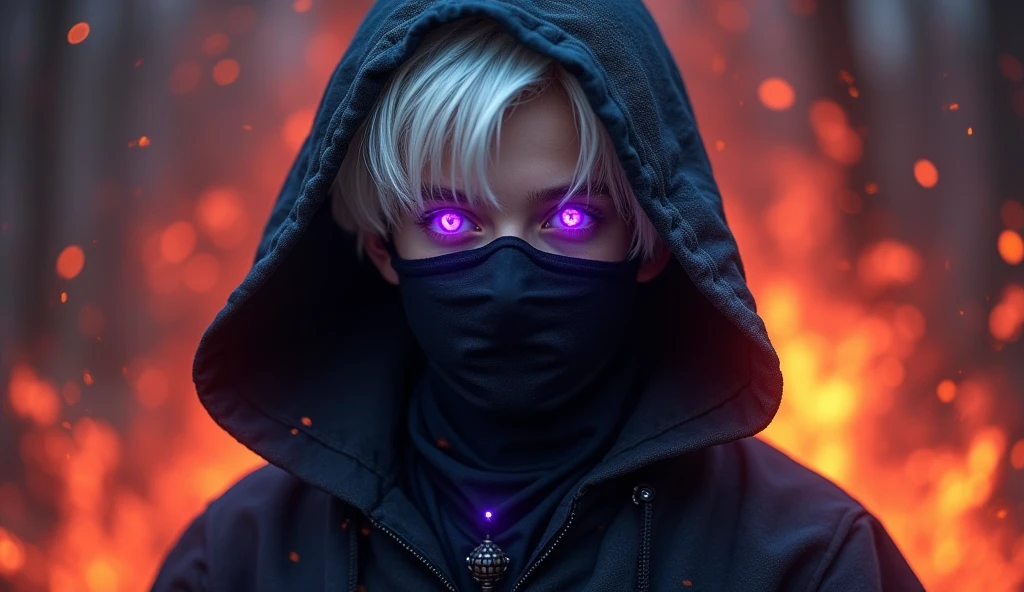 Young dark lord, a teenager boy with white hair and purple eyes, Dark wizard, A boy wearing a black cloak and medieval dark clothes style, a mask that covers the face, dark wizard, fire aura