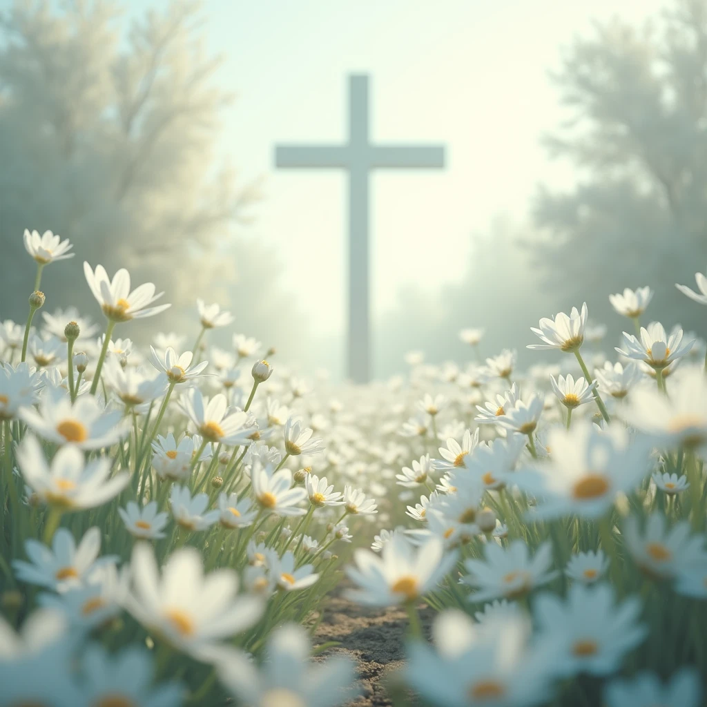 Garden Of White Flowers And The Cross in The Middle Of the Garden Far off in the distance 