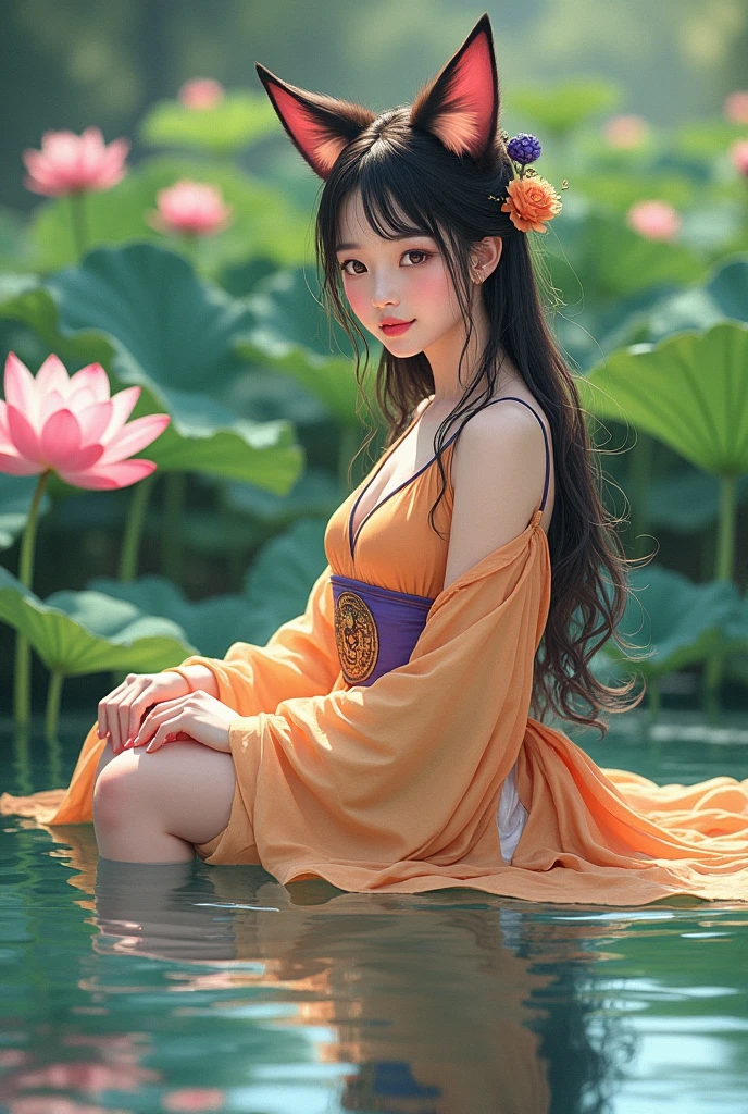 absurd, a high resolution, extremely detailed, (1 girl:1.3), hand painted, Simple lines, 16 year old girl in colorful chinese hanfu., Sexy Nude Girl With Fox Ears, . At the lotus pond, masterpiece, sitting in the water, Floating clothing, loose hair