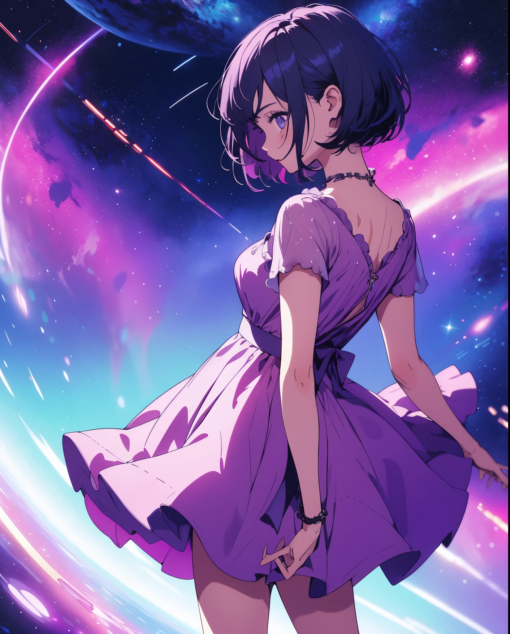 Girl with short purple hair in pink dress, purple space background, Ultra-high image quality, looks away from the camera