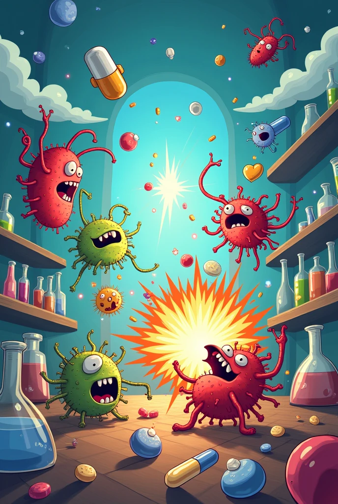 Cartoon image with superbugs and pills