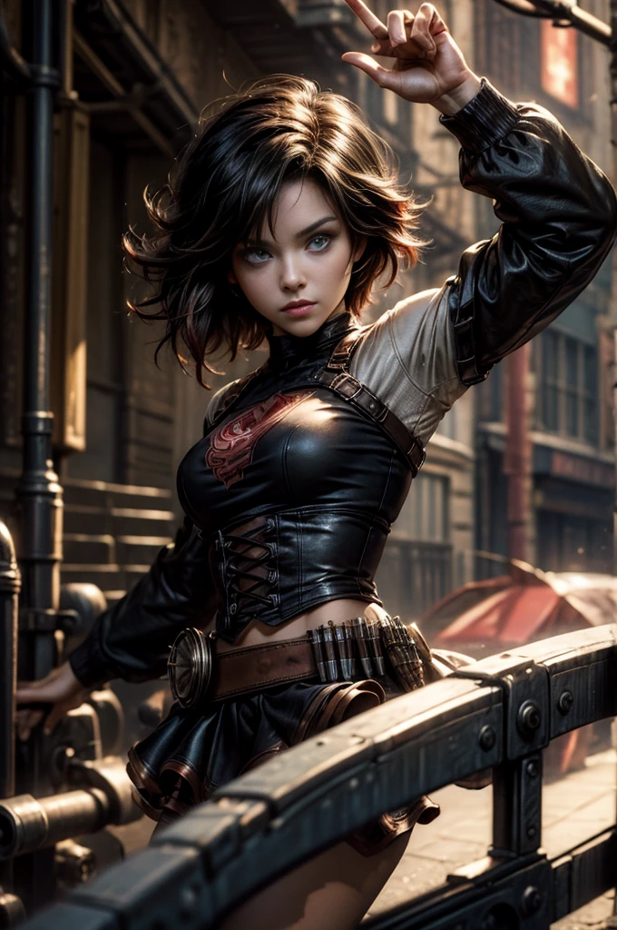 (masterpiece, best quality:1.2), cowboy shot, solo, dynamic pose, 1girl, ruby rose, looking at viewer, t-shirt, skirt, in steampunk city street