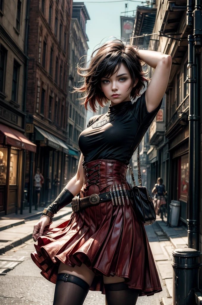 (masterpiece, best quality:1.2), cowboy shot, solo, dynamic pose, 1girl, ruby rose, looking at viewer, t-shirt, skirt, in steampunk city street