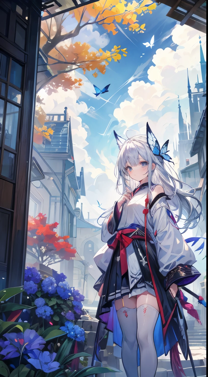 butterfly, magic florest, Wind景, wood, Flowers, Bush, colorful, Vivid colors, Shadow, Contrast, Fantasy, depth, river, bird, Wind, relax atmosphere, Calm, peace,the image pass an peaceful feeling, Beautiful sky,cloud,Light filtering through the branches,Bacolic,relax, After the Rain, Life, nature, Complex, Vivid, Old ruins, Broken pillars, no_human, Ancient, Fantasy, heaven, This is a sacred image, the painting pass a Calm feeling,This is the winning image, The image conveys synesthesia of softness,butterflyの羽をもつ女の子,Silver Hair,White Hakama,mini skirt,White knee-high socks,